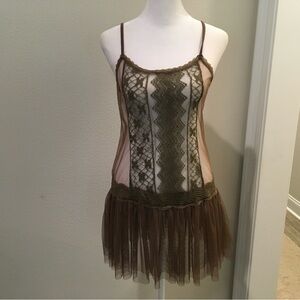 A’reve Anthropologie Slip Dress Tan Lace Mesh Tulle Sz Small Fairycore Dainty